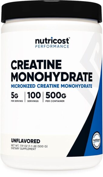 Nutricost Creatine Monohydrate Micronized Powder 500G, 5000mg Per Serv (5g) - Micronized Creatine Monohydrate, 100 Servings, 17.9 Oz