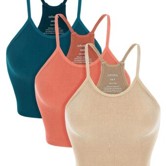 ODODOS Women's Crop 3-Pack Seamless Rib-Knit Camisole Crop Tank Tops