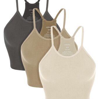 ODODOS Women's Crop 3-Pack Seamless Rib-Knit Camisole Crop Tank Tops