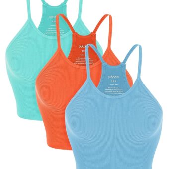 ODODOS Women's Crop 3-Pack Seamless Rib-Knit Camisole Crop Tank Tops