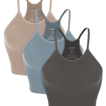 ODODOS Women's Crop 3-Pack Seamless Rib-Knit Camisole Crop Tank Tops