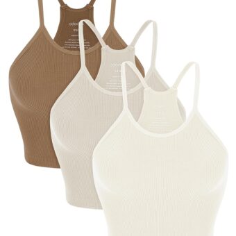 ODODOS Women's Crop 3-Pack Seamless Rib-Knit Camisole Crop Tank Tops