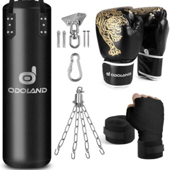 Odoland Punching Bag Set for Adults, 4FT PU Heavy Boxing Bag with 12OZ Boxing Gloves, Hand Wraps, Hanging Chains for MMA Karate Kickboxing Martial Art Home Gym Trainging - Unfilled