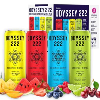 Odyssey 222 Energy Drink, Pre Workout, 222mg Caffeine, Clean Energy Drinks, L Theanine, Lions Mane, Cordyceps & Green Tea for Energy, Focus & Mood Boost, Low Calorie, Variety...