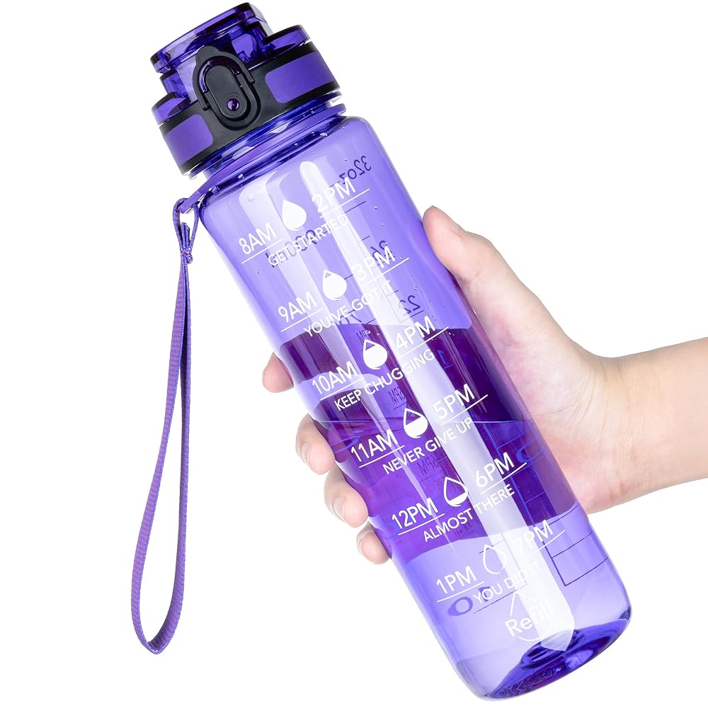 OLDLEY Water Bottles, 32oz Motivational Sports Water Bottle with Time Marker - Times to Drink - Tritan, BPA Free, Wide Mouth Leakproof, Deep Purple (1 Pack)