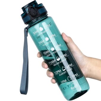 OLDLEY Water Bottles, 32oz Motivational Sports Water Bottle with Time Marker - Times to Drink - Tritan, BPA Free, Wide Mouth Leakproof, Deep Sea (1 Pack)