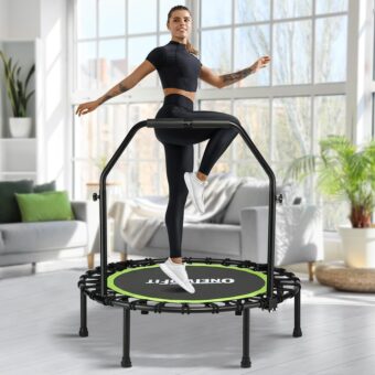 ONETWOFIT Foldable Rebounder Trampoline for Adults, 40/42/ 45” Mini Fitness Trampoline W/Adjustable Foam Handle Bungees, Quiet Exercise Trampoline for Personal Indoor Workout