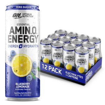 Optimum Nutrition Amino Energy Sparkling Hydration Drink, Electrolytes, Caffeine, Amino Acids, BCAAs, Sugar Free, Blueberry Lemonade, 12 Fl Oz, 12 Pack (Packaging May Vary)