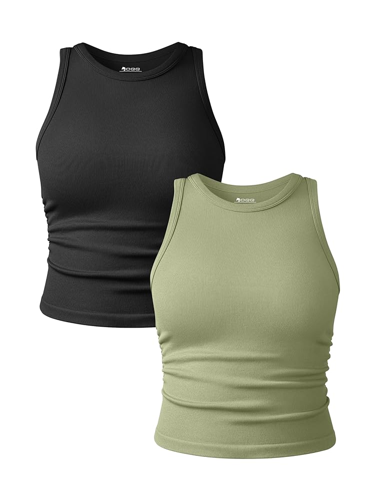 OQQ Women's 2 Piece Tank Tops Crew Neck Sleeveless Basic Stretch Casusal Yoga Crop Camis