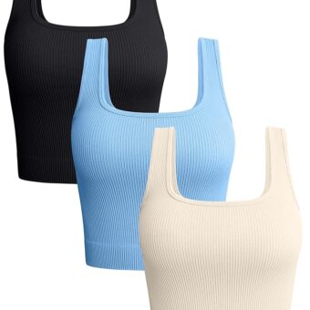 OQQ Women's 3 Piece Tank Tops Ribbed Seamless Workout Exercise Shirts Yoga Crop Tops