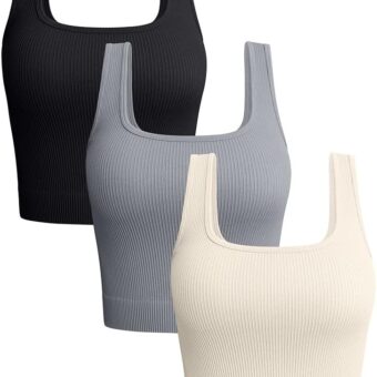 OQQ Women's 3 Piece Tank Tops Ribbed Seamless Workout Exercise Shirts Yoga Crop Tops