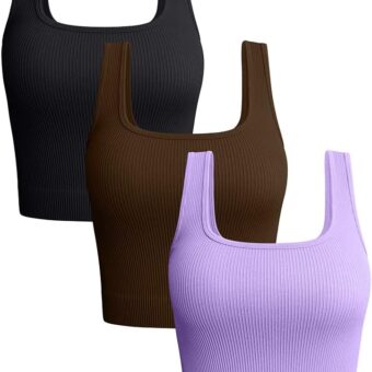 OQQ Women's 3 Piece Tank Tops Ribbed Seamless Workout Exercise Shirts Yoga Crop Tops