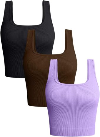 OQQ Women's 3 Piece Tank Tops Ribbed Seamless Workout Exercise Shirts Yoga Crop Tops