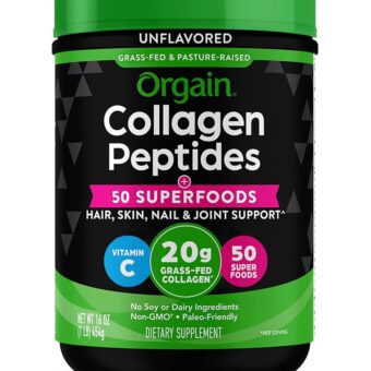 Orgain Hydrolyzed Collagen Powder + 50 Organic Superfoods For Women & Men, 20g Grass Fed Collagen with Vitamin C, Unflavored - Hair, Skin, Nail, & Joint Support Supplement,...