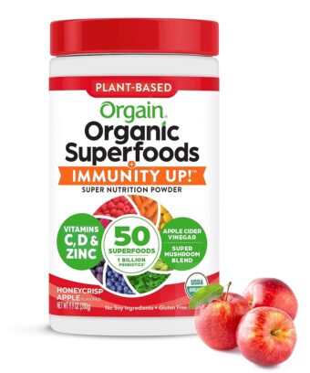 Orgain Organic Greens + 50 Superfoods Immunity Up! Powder, Honeycrisp Apple - Immune Support, Probiotics, Vitamin C, D & Zinc, Apple Cider Vinegar, Ashwagandha, Cordyceps &...