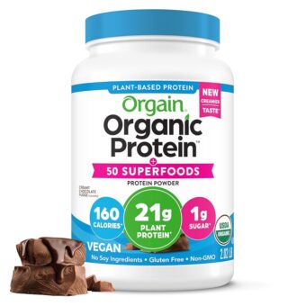 Orgain Organic Vegan Protein + 50 Superfoods Powder, Creamy Chocolate Fudge - 21g Plant Based Protein, 10g Prebiotic Fiber, No Lactose Ingredients, Gluten Free, Non-GMO, 2.02 lb...