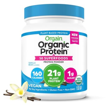 Orgain Organic Vegan Protein + 50 Superfoods Powder, Vanilla Bean - 21g Plant Based Protein, 8g Prebiotic Fiber, No Lactose Ingredients, Gluten Free, Non-GMO, 1.12 lb (Packaging...