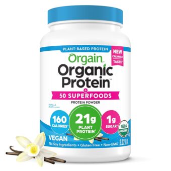 Orgain Organic Vegan Protein + 50 Superfoods Powder, Vanilla Bean - 21g Plant Based Protein, 8g Prebiotic Fiber, No Lactose Ingredients, Gluten Free, Non-GMO, 2.02 lb (Packaging...