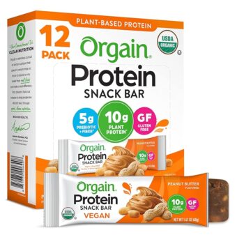 Orgain Organic Vegan Protein Bars, Peanut Butter - 10g Plant Based Protein, Low Calorie Healthy Snacks, No Lactose or Soy Ingredients, Gluten Free, Non-GMO - 1.41 Oz (Pack of 12)