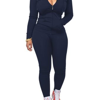 PINSV Women Two Piece Outfits Workout Sets Bodycon Tracksuit Long Sleeve Zip Up Hoodie Jacket Jogger Matching Sweat Pants Set