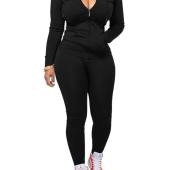 PINSV Women Two Piece Outfits Workout Sets Bodycon Tracksuit Long Sleeve Zip Up Hoodie Jacket Jogger Matching Sweat Pants Set