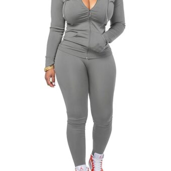 PINSV Women Two Piece Outfits Workout Sets Bodycon Tracksuit Long Sleeve Zip Up Hoodie Jacket Jogger Matching Sweat Pants Set