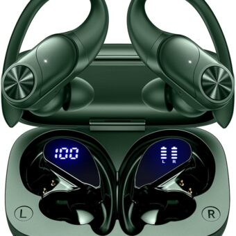 PocBuds Bluetooth Headphones Wireless Earbuds 80hrs Playtime Wireless Charging Case Digital Display Sports Ear Buds with Earhook Deep Bass IPX7 Waterproof Over-Ear Earphones for...