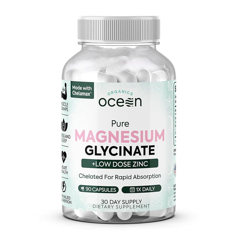 Pure Magnesium Glycinate with Zinc - Maximum Strength Chelated Magnesium Supplement for Women and Men for Muscle Cramps and Sleep Support - 90 Capsules