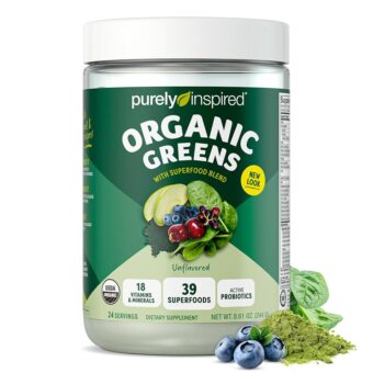 Purely Inspired Organic Green Powder Smoothie Mix, Unflavored (24 Servings) - Probiotics for Digestive Health with Spirulina & Chlorella for Gut Health - Vegan & Gluten-Free