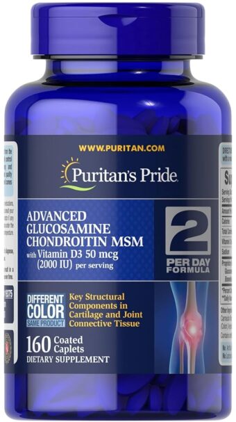 Puritan's Pride Advanced Glucosamine Chondroitin MSM With Vitamin D3 50mcg (2000 IU), Dietary Supplement for Joint Health, 5 Month Supply, 160 Coated Tablets