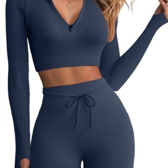 QINSEN Long Sleeve Workout Shirt for Women High Funnel Neck Crop Tops Tummy Control Leggings Fitted 2 Pieces Sets