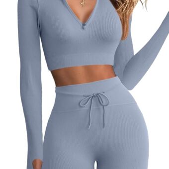 QINSEN Long Sleeve Workout Shirt for Women High Funnel Neck Crop Tops Tummy Control Leggings Fitted 2 Pieces Sets