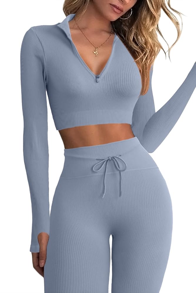 QINSEN Long Sleeve Workout Shirt for Women High Funnel Neck Crop Tops Tummy Control Leggings Fitted 2 Pieces Sets
