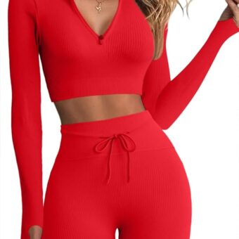 QINSEN Long Sleeve Workout Shirt for Women High Funnel Neck Crop Tops Tummy Control Leggings Fitted 2 Pieces Sets