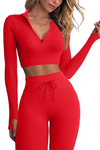 QINSEN Long Sleeve Workout Shirt for Women High Funnel Neck Crop Tops Tummy Control Leggings Fitted 2 Pieces Sets