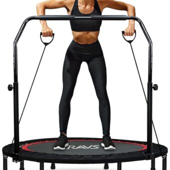 RAVS Mini Trampoline for Kids Adults 40"/48" Foldable Fitness Rebounder Kids Trampoline with 5 Levels Height Adjustable Handle Resistance Bands Indoor Workout