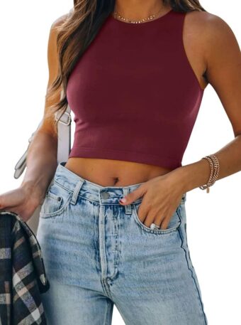REORIA Butsmooth® Women's Sleeveless Halter Neck Double Lined Casual Basic Tank Crop Tops