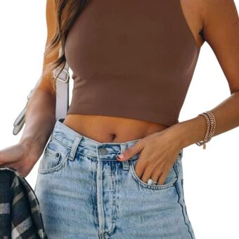 REORIA Butsmooth® Women's Sleeveless Halter Neck Double Lined Casual Basic Tank Crop Tops