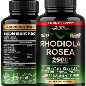Rhodiola Rosea Supplement 2500mg - with Ashwagandha & L-Theanine - Stress Relief, Energy Boost & Mood Support - Rhodiola Extract 5:1 | 3% Salidroside - for Men & Women - 2 Month...