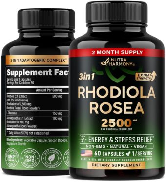Rhodiola Rosea Supplement 2500mg - with Ashwagandha & L-Theanine - Stress Relief, Energy Boost & Mood Support - Rhodiola Extract 5:1 | 3% Salidroside - for Men & Women - 2 Month...