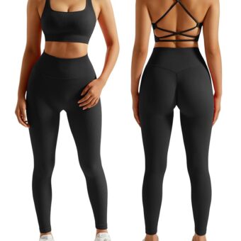 RXRXCOCO Ribbed Workout Sets for Women 2 Piece Backless Strappy Sports Bra Seamless Leggings Matching Set Yoga Outfits