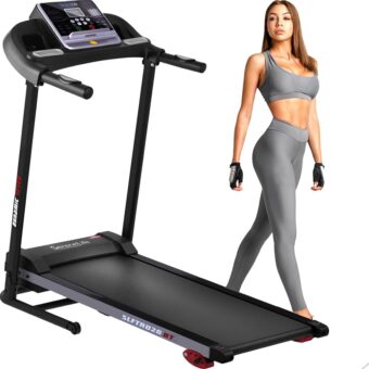 SereneLife Electric Folding Treadmill Exercise Machine - Smart Compact Digital Fitness Treadmill Workout Trainer w/Bluetooth App Sync, Manual Incline Adjustment, for Walking,...