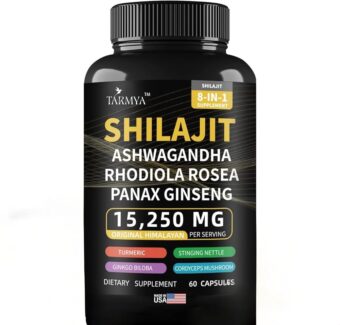 Shilajit Capsules | Pure Himalayan Organic 8-in-1 Supplement | 15250mg Shilajit with Ashwagandha 2000mg, Rhodiola Rosea 1000mg, Panax Ginseng 1500mg, Stinging Nettle 250mg |