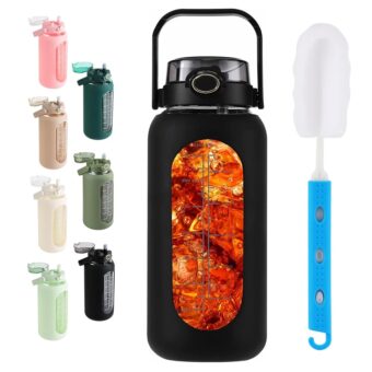 SIEROZUR 64oz Glass Water Bottle with Straw and Handle Lid Half Gallon Motivational Glass Bottle with Silicone Sleeve and Time Marker Large Reusable Sports Water Jug for Gym...