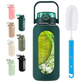 SIEROZUR 64oz Glass Water Bottle with Straw and Handle Lid Half Gallon Motivational Glass Bottle with Silicone Sleeve and Time Marker Large Reusable Sports Water Jug for Gym...