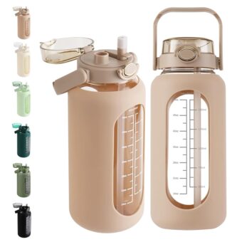 SIEROZUR 64oz Glass Water Bottle with Straw and Handle Lid Half Gallon Motivational Glass Bottle with Silicone Sleeve and Time Marker Large Reusable Sports Water Jug for Gym...