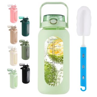 SIEROZUR 64oz Glass Water Bottle with Straw and Handle Lid Half Gallon Motivational Glass Bottle with Silicone Sleeve and Time Marker Large Reusable Sports Water Jug for Gym...