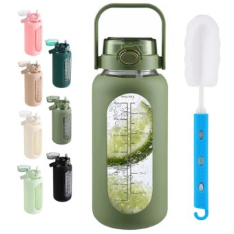 SIEROZUR 64oz Glass Water Bottle with Straw and Handle Lid Half Gallon Motivational Glass Bottle with Silicone Sleeve and Time Marker Large Reusable Sports Water Jug for Gym...