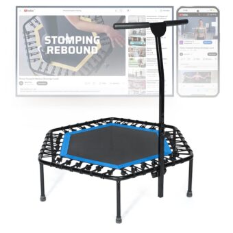 SportPlus+ Indoor Trampoline, Blue/Green/Red, Rebounder Home Fitness Trampoline with Height Adjustable Bar