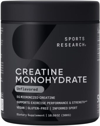 Sports Research Creatine Monohydrate - Gain Lean Muscle, Improve Performance and Strength and Support Workout Recovery - 5 g Micronized Creatine - 10.58 oz